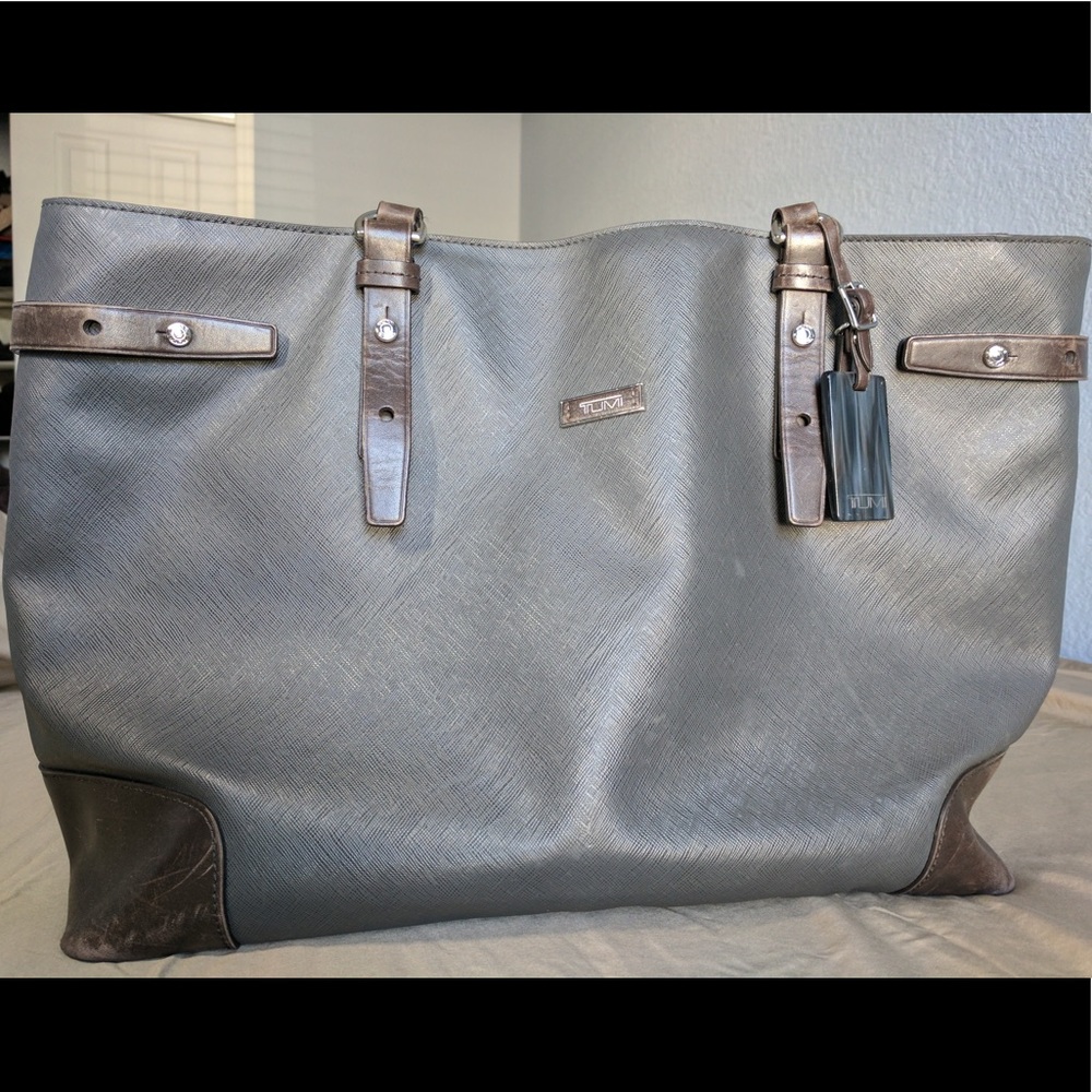 Tumi Gray & brown leather carry all laptop bag